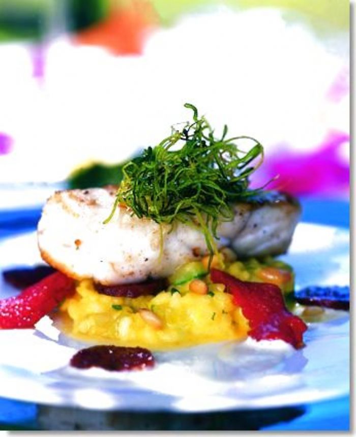 Recette d'Abadèche du Cap rôtie au four sur rizotto au chorizo