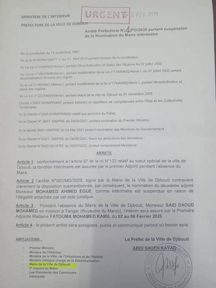 Djibouti-ville : Le préfet annule et remplace une décision du maire - La Voix de Djibouti