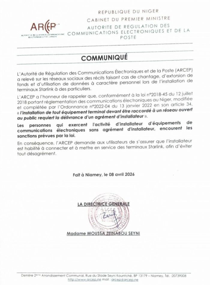 Communiqué de l’Autorité de Régulation des Communications Électronique et de la Poste